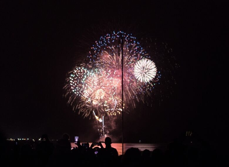 A cluster of fireworks explosions hangs in a dark sky. People in silhouette hold up personal electronic devices.