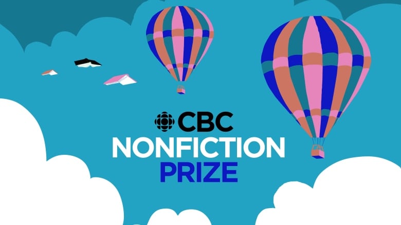 A cloudy sky with three flying books and two hot air balloons with the words CBC Nonfiction Prize written in between them