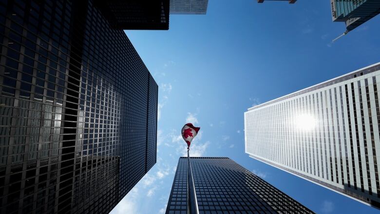 A worm's eye view of downtown office buildings.