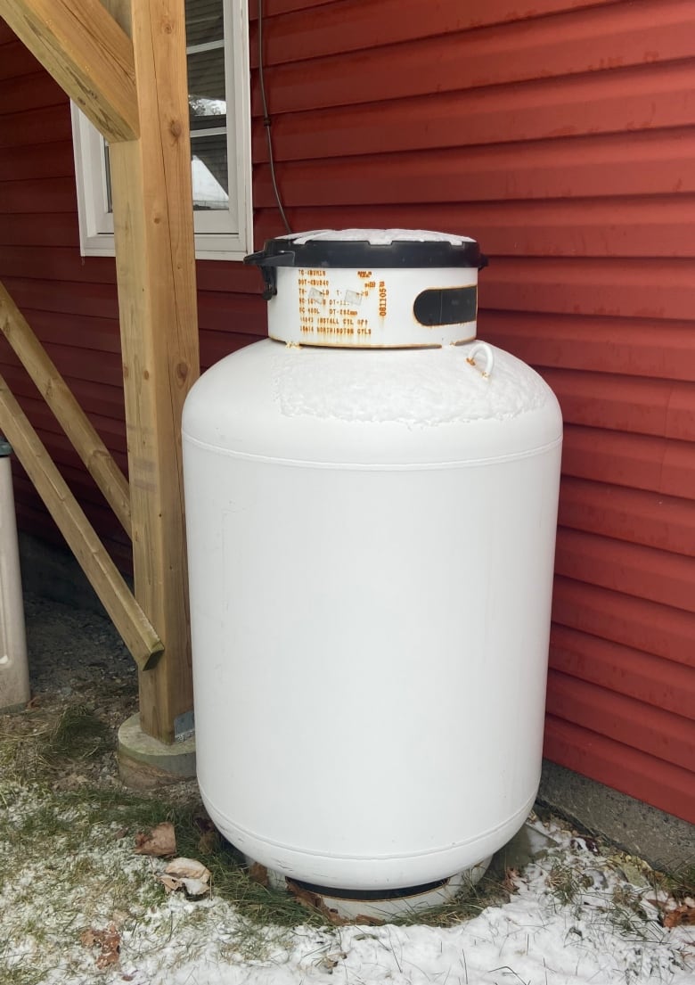 A large white propane tank sides at the back of a red bungalo in Mount Pearl.  