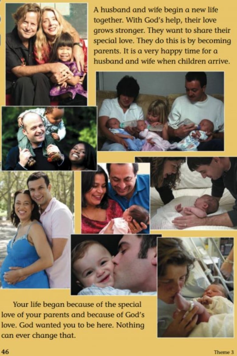 The image is a page from the textbook featuring photos of happy heterosexual families. Text reads, 