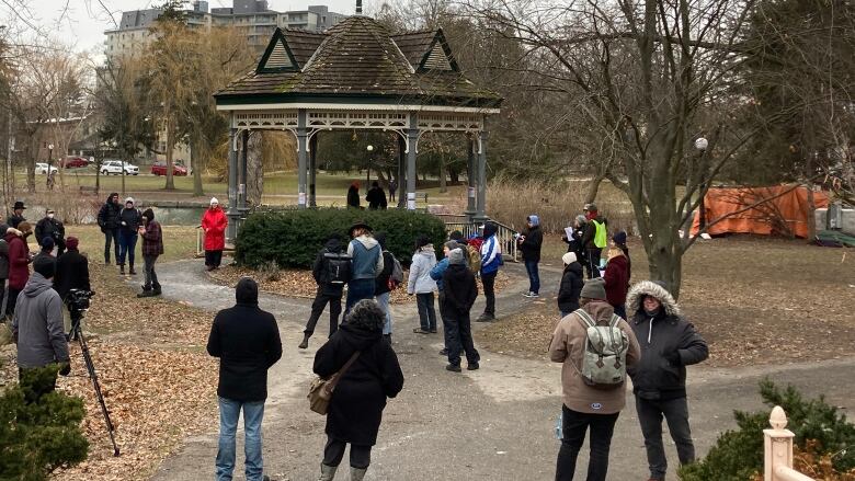 Over 30 protesters rallying at Roos Island in Kitchener, Ont. 