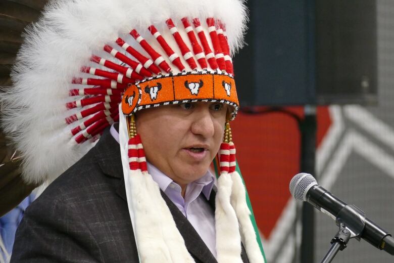 Opaskwayak Cree Nation Chief Sidney Ballantyne at an announcement on Wednesday, Jan. 11, 2023.