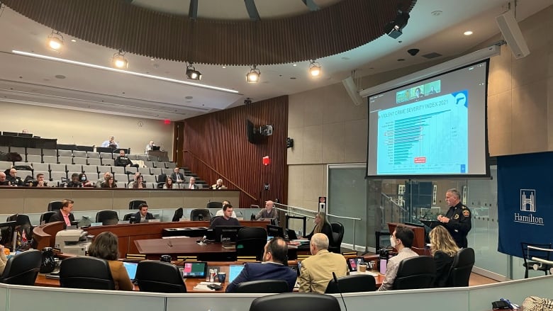 People sit in council chambers, as a screen shows a slide saying 