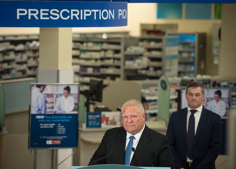 Ontario Premier Doug Ford listens to a question from a reporter following a press conference at a Shoppers Drug Mart pharmacy in Etobicoke, Ont., on Wednesday, January 11, 2023.  THE CANADIAN PRESS/ Tijana Martin