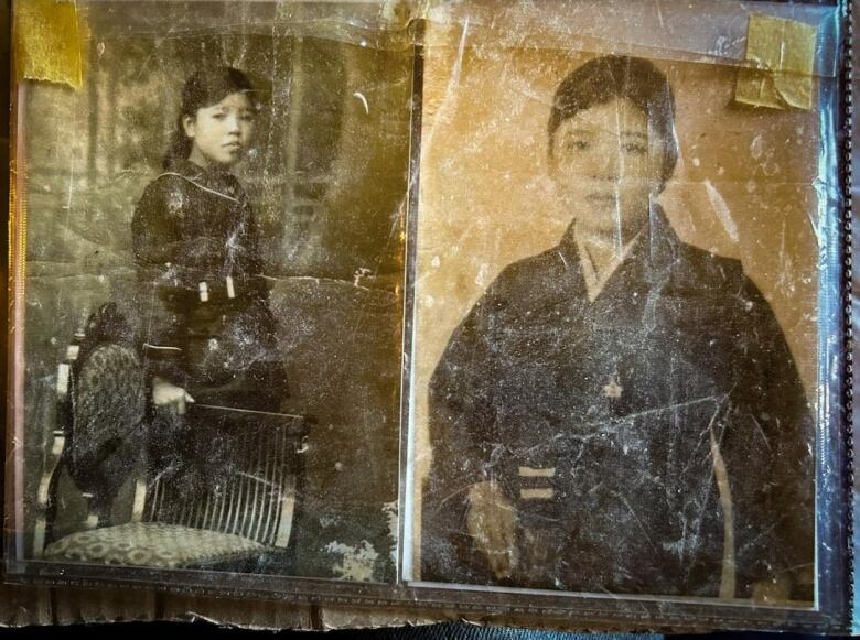 Two photos side by side of a young woman in a kimono. The photos are very old.