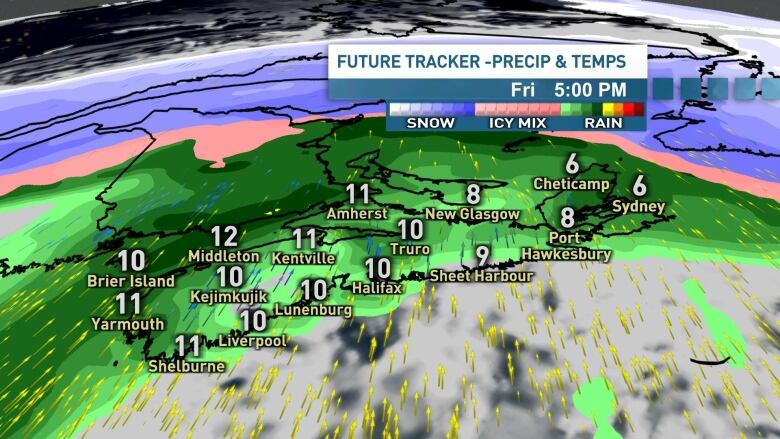 Temperatures will climb into the double digits on Friday afternoon as the rain continues.