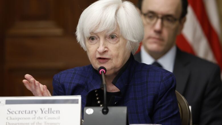 Janet Yellen, US Treasury secretary, speaks into a microphone in front of a sign with her name on it.