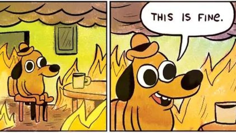 Two comic panels show a yellow dog in a hat sitting at a table drinking coffee while flames grow around him. In the second panel, he says: 