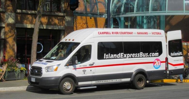 A white passenger van parked outside a brown building with white lettering that says Islandexpressbus.com along the window and Campbell River/Courtnenay-Nanaimo-Victoria in red letters above the windows.