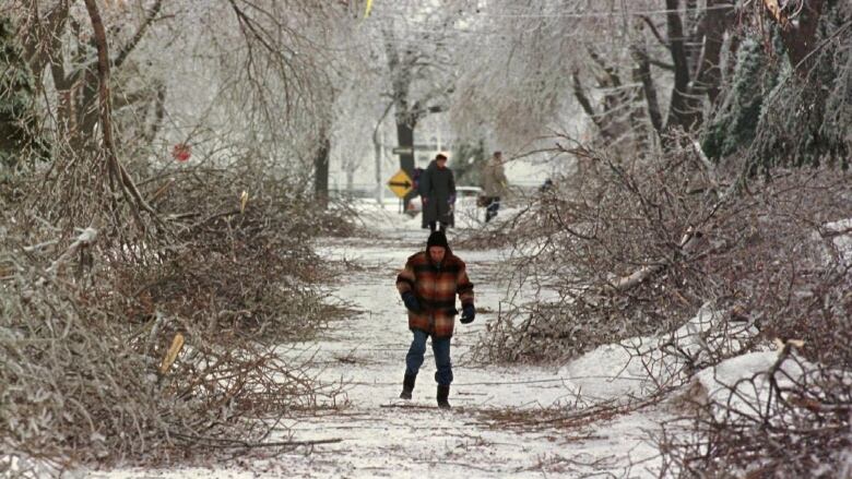 Pedestrians make their way past bowed and broken trees covered in ice.