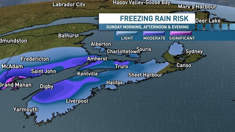 A map of Nova Scotia shows the risk of freezing rain in the province Sunday using different colours.