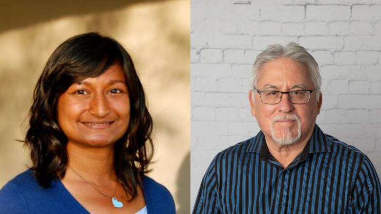 A composite image of a woman with shoulder-length brown hair and bangs in a blue sweater and a man with gray hair and glasses in a black and blue striped dress shirt.