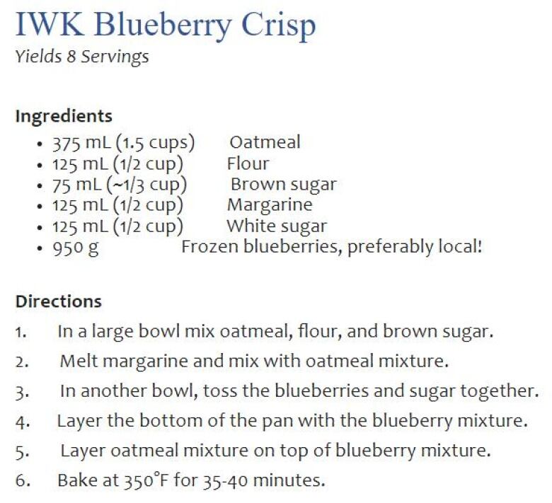 The recipe for IWK's famous Blueberry Crisp.