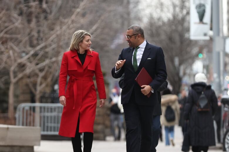 Foreign Affairs Minister Melanie Joly meets her counterpart, U.K. Foreign Secretary James Cleverly, in Toronto on Jan. 18, 2023.