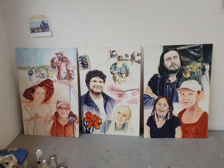 A series of canvases with drawings of various people.