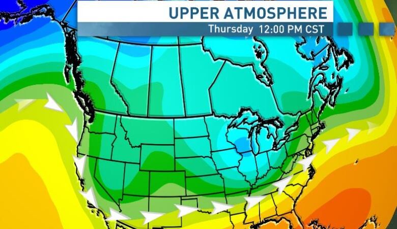 Zonal flow in the jet stream (marked by arrows) has made for unremarkable weather across parts of Canada these past few weeks.