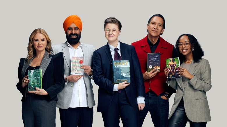 A row of five books lined up vertically against a white background.