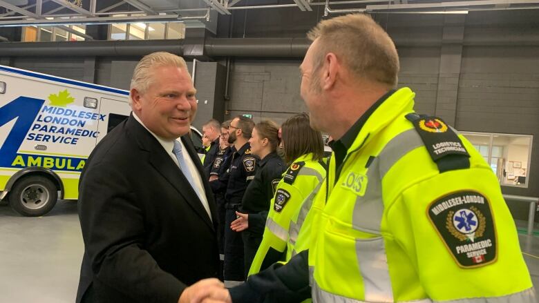 Premier Doug Ford meets members of teh Middlesex-London Paramedic Service at the London, Ont. headquarters on Jan. 20, 2023. 