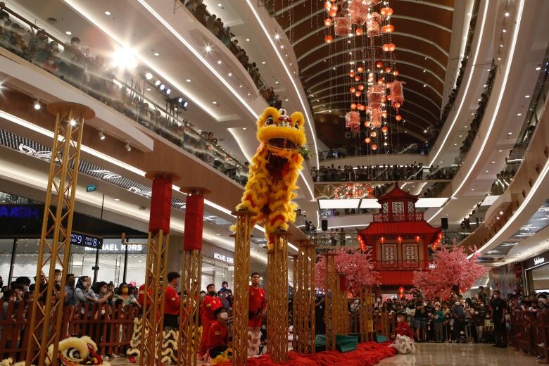 Young people perform a lion dance at a mall ahead of Lunar New Year in Jakarta, Indonesia.