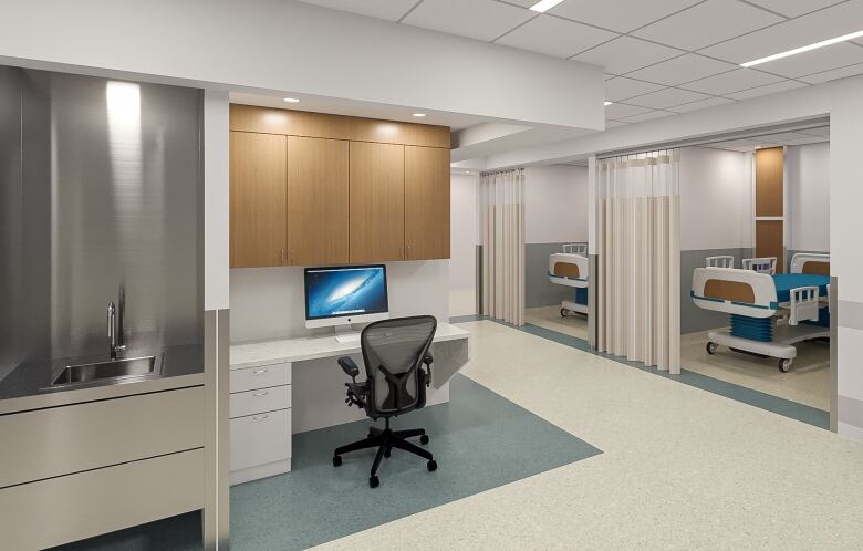 The interior of a hospital and a view of hospital beds.