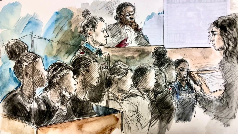 A court sketch from bail proceedings for seven of eight teen girls accused in the death of Toronto man Ken Lee.