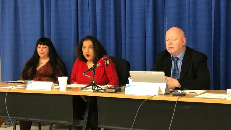 Three people sit at a table with microphones in front of them.