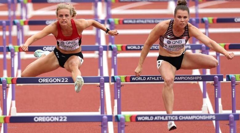 Two-time national champion Michelle Harrison of Saskatoon competes in the 100m hurldes at the 2022 World Athletics Championships in Eugene, Ore.