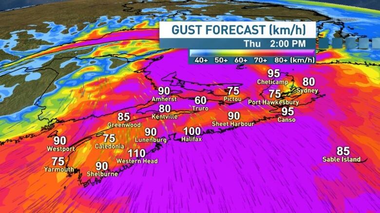 A map of Nova Scotia indicating strong winds throughout the province on Thursday.