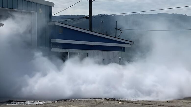 An ammonia cloud is seen billowing out of an industrial building.