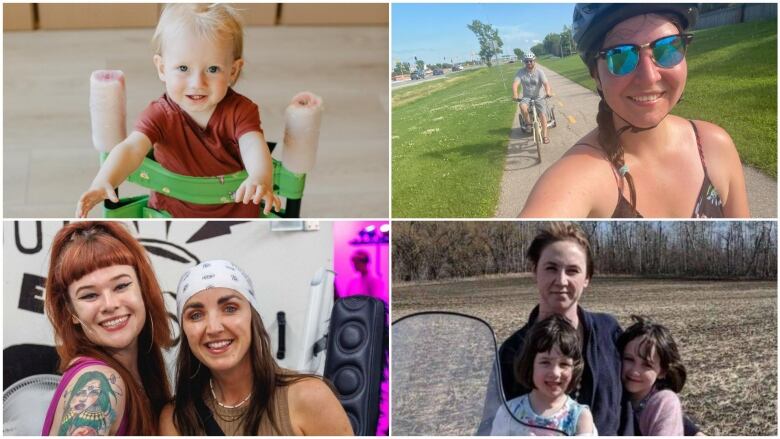 A collage of four images. In the top left, a blonde baby looks into the camera and uses a mobility device. In the top right, two people cycle on a bike path and smile at the camera. In the bottom left, two young women at a party smile at the camera. On the bottom right, a mother sits with her two young children with a farmer's field in behind.