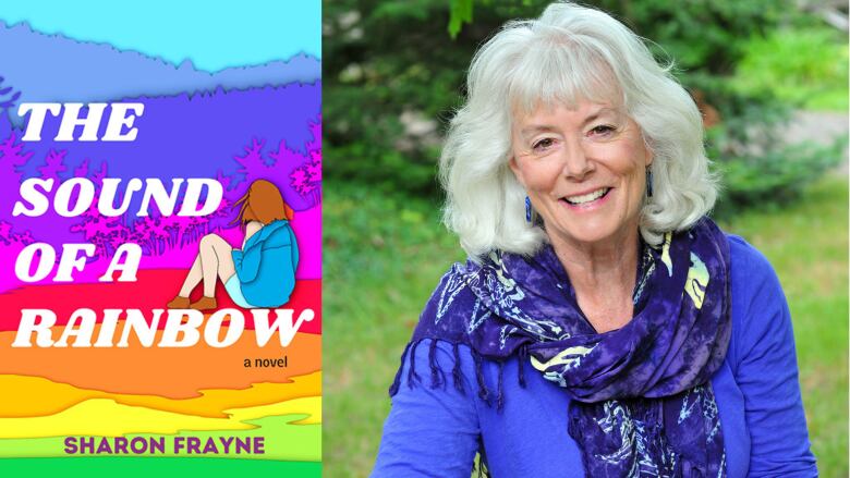 A book cover featuring  forest bathed in a rainbow palette and the book's author, a woman with shoulder-length white hair wearing a blue sweater.