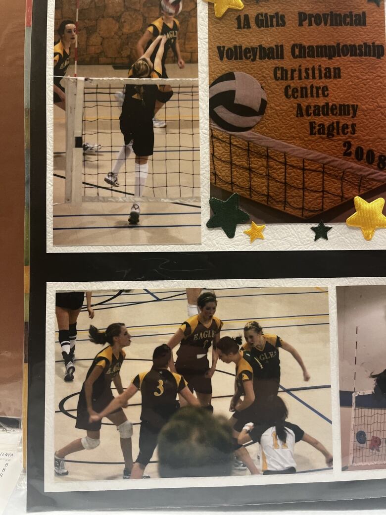 Two photos in a scrapbook show girls engaged in a high school volleyball game. 