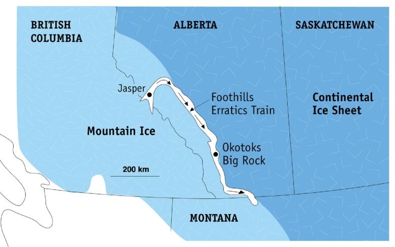 A map illustrates where the Foothills Erratics Train runs along the Rockies.