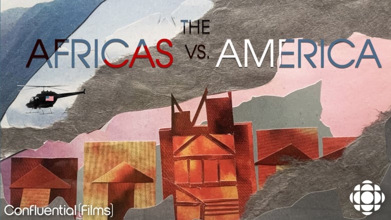 Poster for podcast series The Africas Vs. America -  black helicopter flies over a collage of farmland, industrial-looking factories with pink, and various hues of grey skies. With the words The Africas Vs. Americas