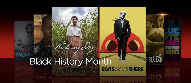 several colourful show posters of films in the CBC GEM Black History Month Collection - two of the prominent posters in front are of a Black woman walking through a field in a white shirt and pink skirt;  and a Black man dressed in black walking in front of red film reel.