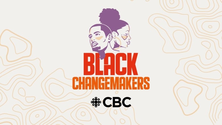 The logo for CBC's Black Changemakers, a cream background with orange topographical highlights. Two Black Canadians, one male one female are set above the Black Changemakers words.