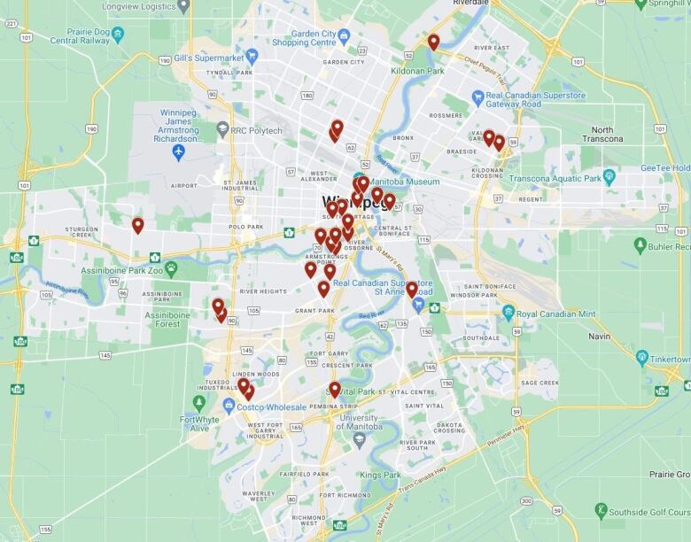 A map of Winnipeg with dozens of red pins scattered across it.