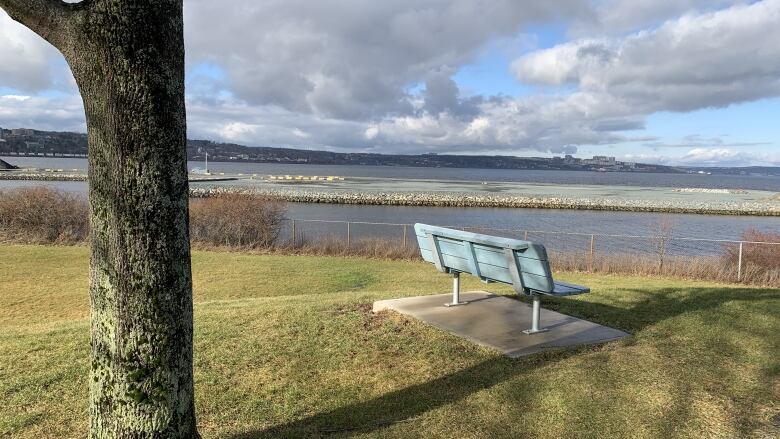 A bench overlooks a board of water.