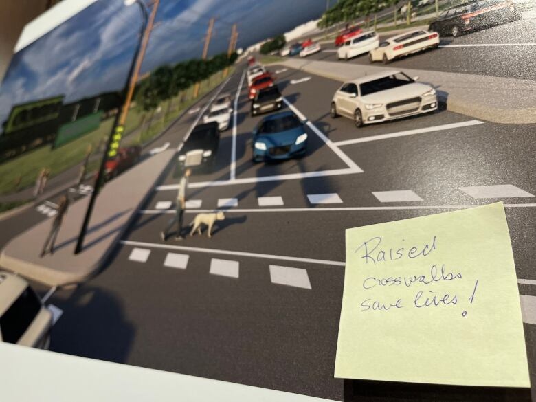 A yellow sticky note is places on a drawing of what a street may look like.