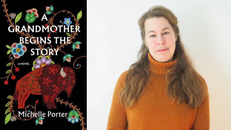 A book cover featuring beadwork of a buffalo and a photo of the book's author, a woman with long hair wearing an orange turtleneck. 