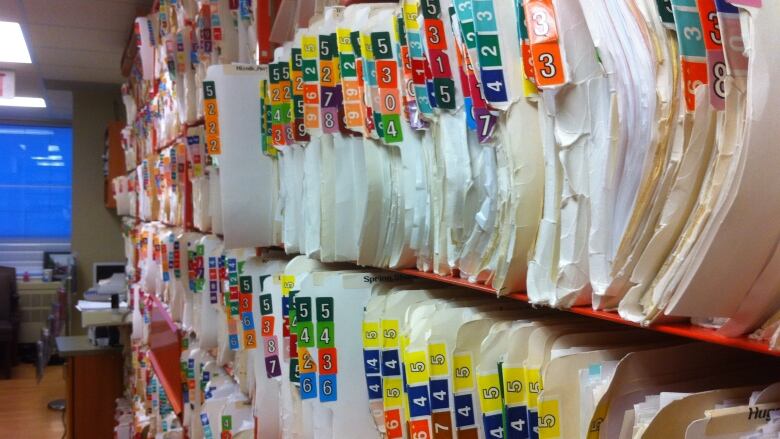 Rows and rows of file folders of medical records. 