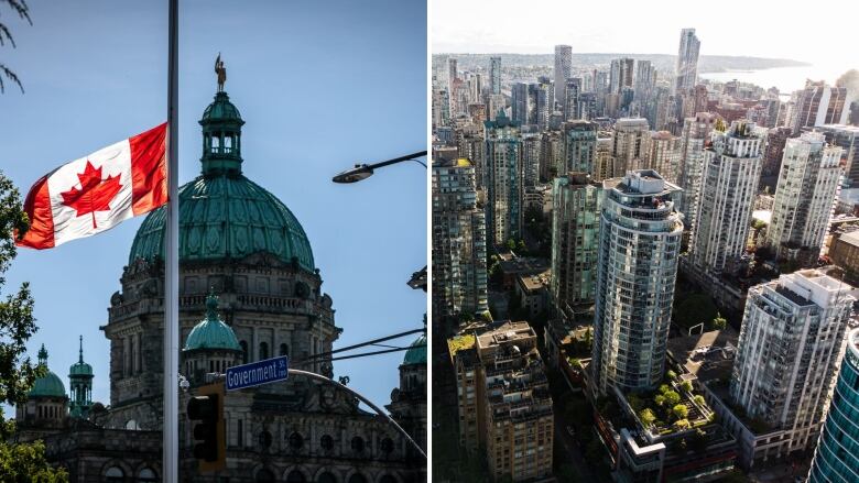 A composite picture showing the B.C. Legislature building in Victoria next to a picture of tall glass skyscrapers in downtown Vancouver.