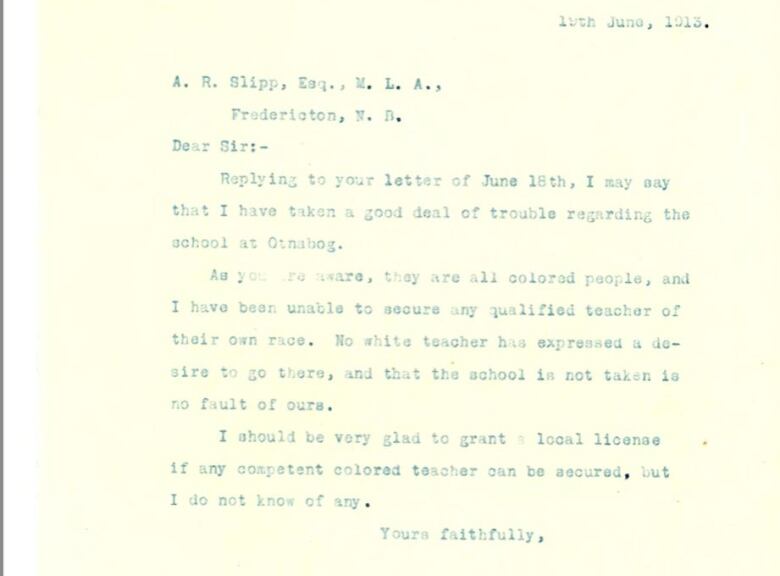 A typewritten letter on yellowed paper from the Chief Superintendent addressed to A.R. Slipp, M.L.A. dated June 19, 1913. In the letter he expresses that the community of Otnabog has been unable to find a qualified teacher of 