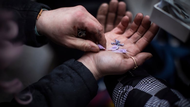 A closeup photo of a hand shows a pile of blue steel-like pills and purple pills in small zip-lock bags.