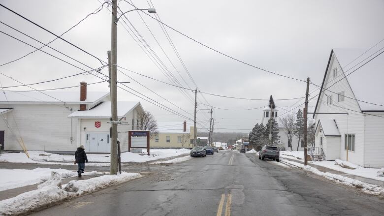 Buildings and yards on Main Street in Springhill, Nova Scotia, are blanketed with snow.