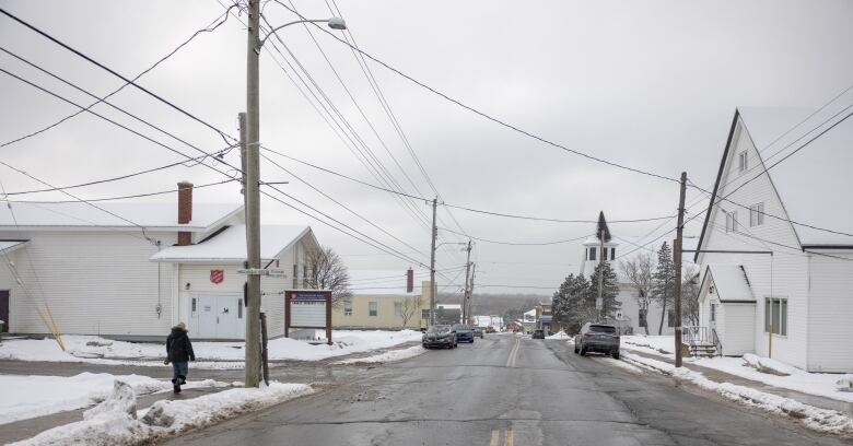 Buildings and yards on Main Street in Springhill, Nova Scotia, are blanketed with snow.