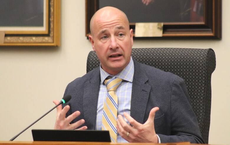 A man wearing a grey suit jacket and blue and yellow shirt and tie speaks into a microphone.