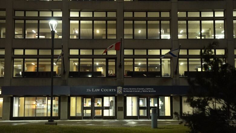 The Supreme Court of Nova Scotia's faade at night. 