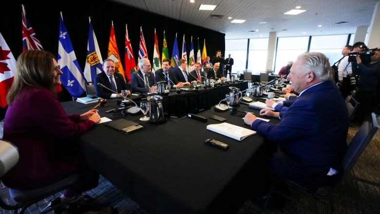 Manitoba Premier Heather Stefanson chairs a meeting with Canada's premiers in Ottawa on Tuesday, Feb. 7, 2023 in Ottawa.